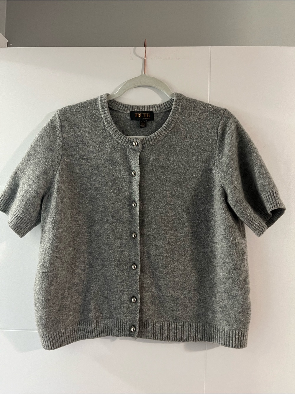 Truth Gray Short-Sleeve Knit Cardigan with Gold Logo Label